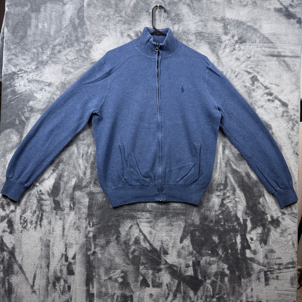 Polo Ralph Lauren Full Zip Sweater Mens Large Blue Pima Cotton Mock Neck Pony